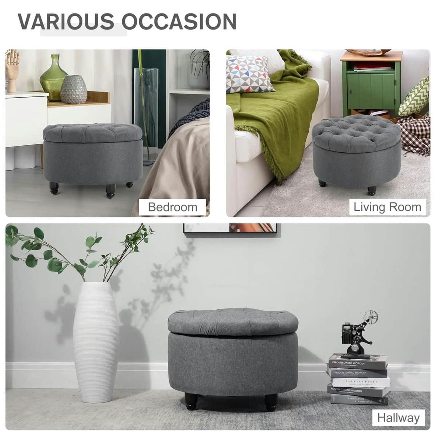 Demi Bonn 24" Round Ottoman Storage Footstool with Linen-touch Fabric, Removable Lid, Button Tufted Footrest for Living Room and Bedroom, Gray