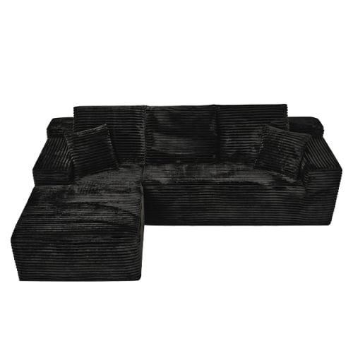 107" Modular Cloud Combination Sofa, L-Shaped Sleeper Sectional with Reclining Chaise, Rabbit Hair Corduroy, Deep Seat, Black