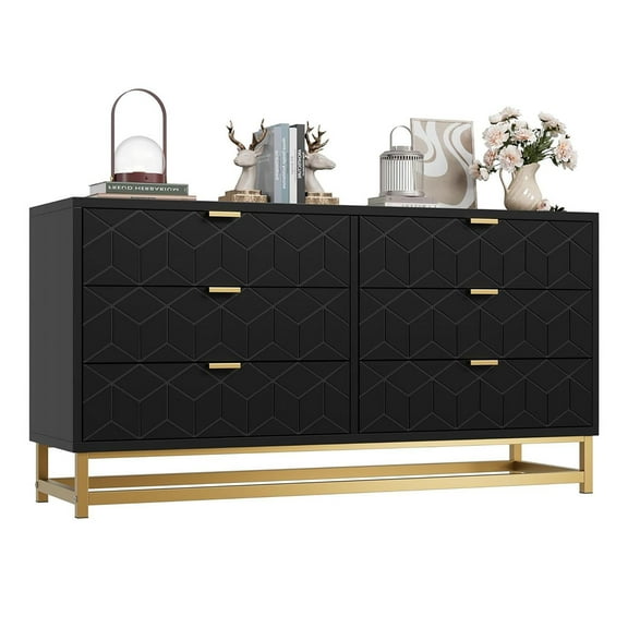 Danolapsi Dresser for Bedroom,53.5" Large Dresser Organizer,6 Drawer with Golden Metal Handle and Legs, Modern Chest of Drawers,Dressers with Drawers for Closet, Hallway, Living Room, Entryway