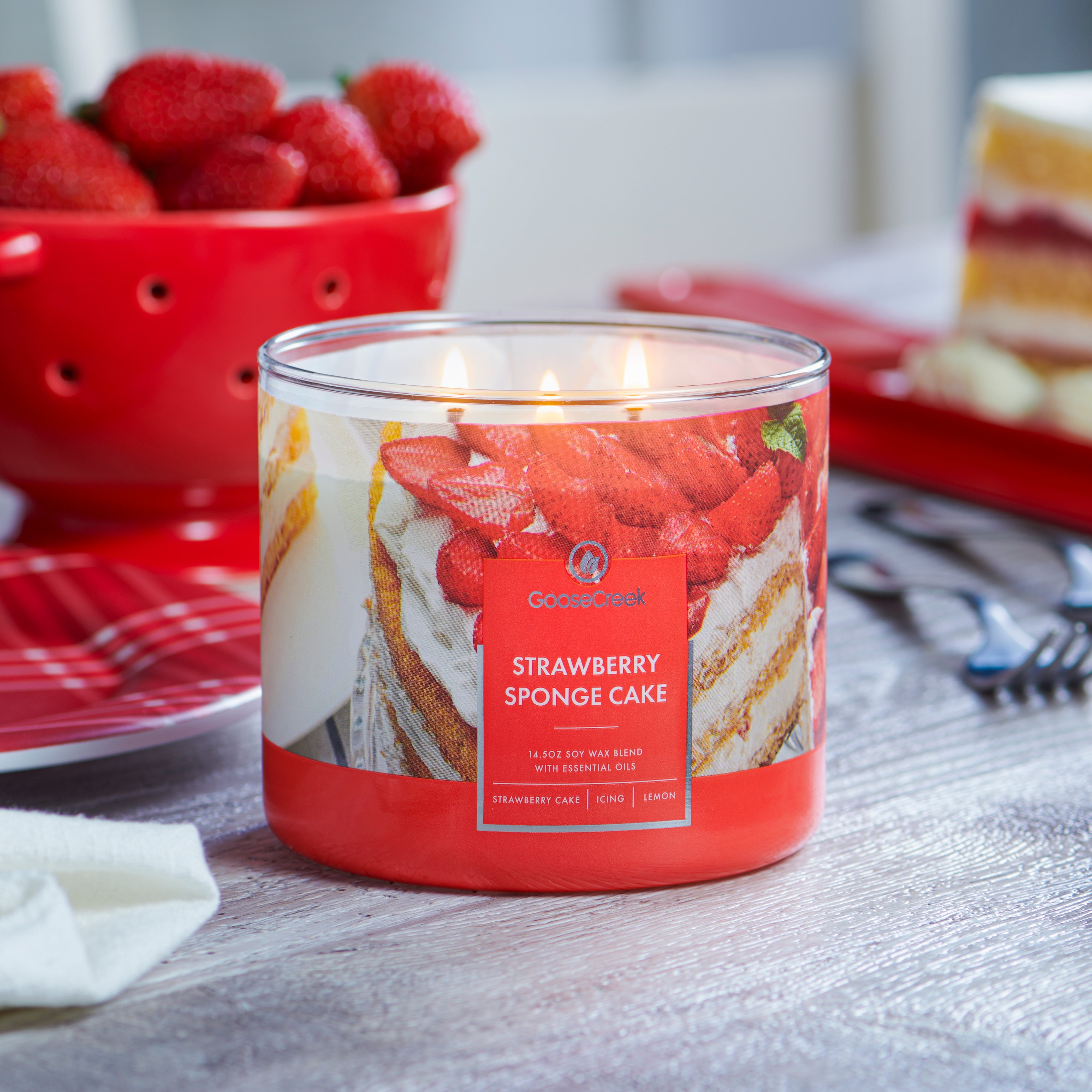 (4 pack) Goose Creek 3-Wick Strawberry Sponge Cake Scented Jar Candle, 14.5oz.