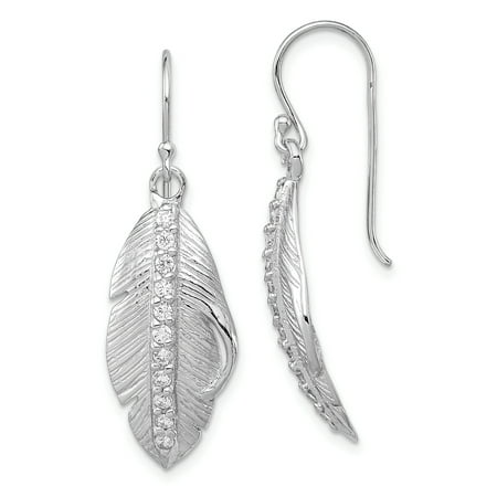 Sterling Silver Rhodium-plated CZ Textured Feather Shepherd Hook