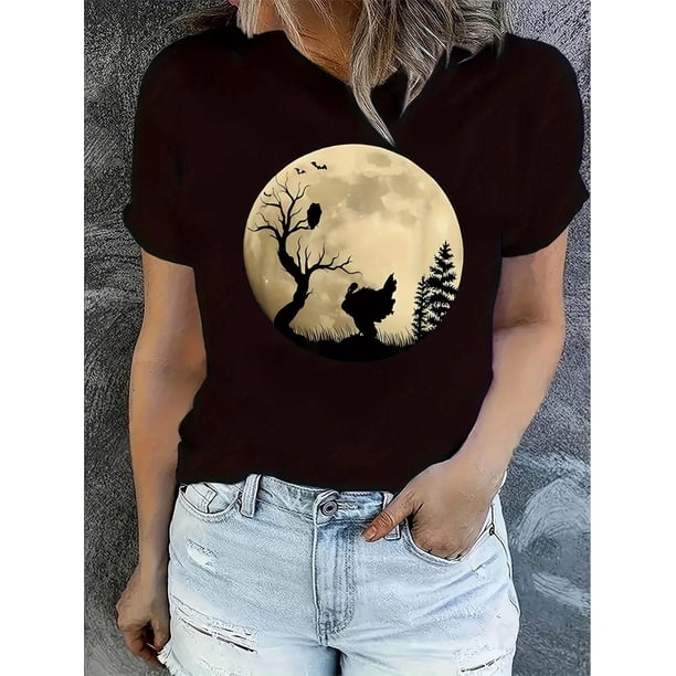 Women'S Casual Crew Neck T-Shirt with Moon Forest Print, Fashionable Short Sleeve Top, Medium Stretch Polyester (95%) with Spandex (5%), All-Season Comfort Fit, Geometric-Pattern Design for Summer
