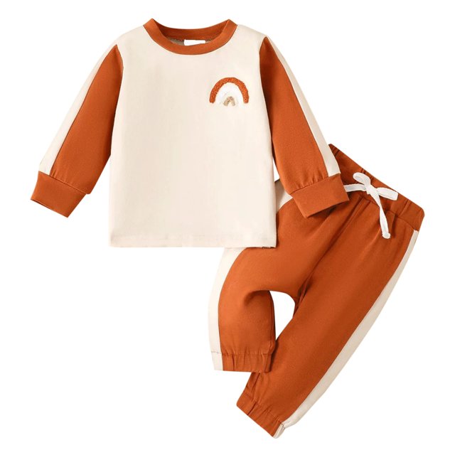 Gibobby Conjunto de dos piezas de sudadera y pantalón para niños Verano niños pequeños manga larga Patchwork Color bordado Tops pantalones conjuntos para niños ropa(Naranja, 12-18 Meses)