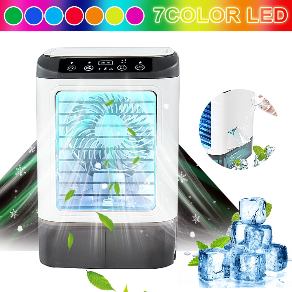 MDHAND Portable Air Cooler, 3 Speeds with Dual Mist and Ice Box, 900ml Tank, 7-Color Light, Usb Personal Cooling Fan for Home Office