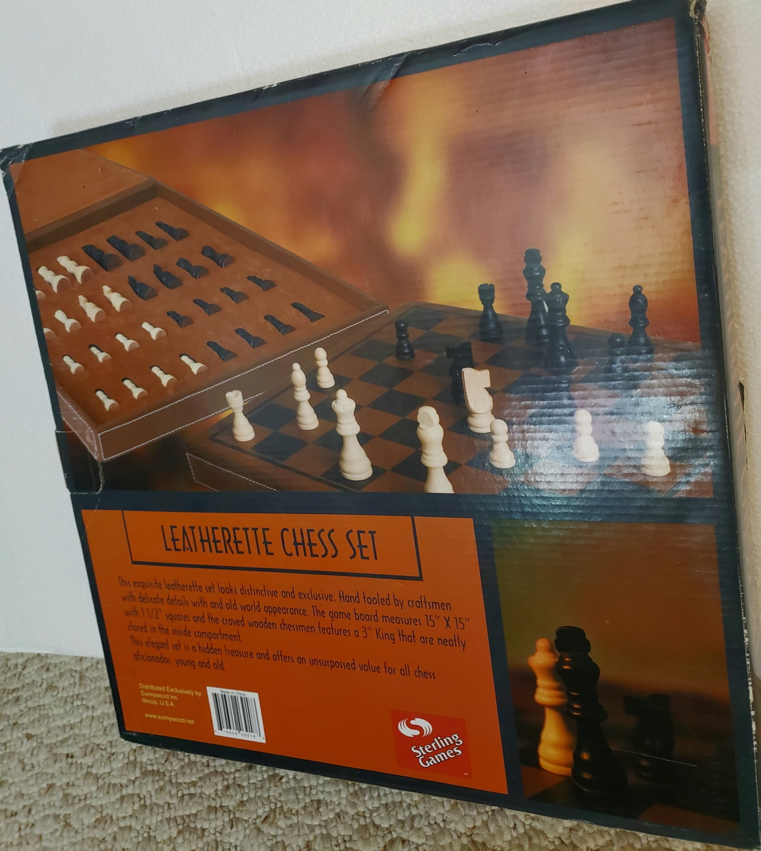 Sterling Games Leatherette CHESS Set - Features 3 inch King with 1.5" Squares - Exquisite Leatherette Chess Board 15"x15"  - Interior Compartment Stores Pieces