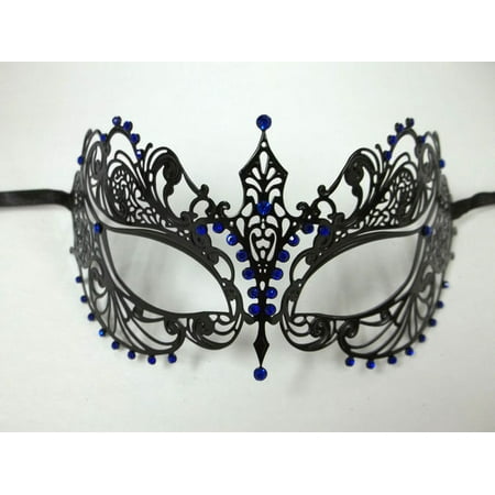 Black Blue Crystal Beautiful Eyes Laser Cut Venetian Mask Masquerade Metal