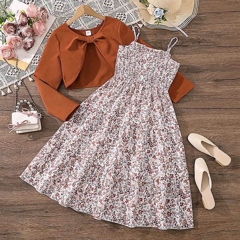 Dmqupv Baby Girl Outfit Sets Baby Girl Dresses Long Sleeve Jacket and Floral Mesh Tank Dress Set Brown,Size for 9-10 Years, Infant Girl's