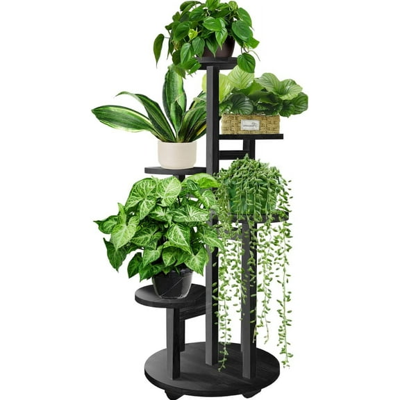 5 Tiered Tall Plant Stand for Indoor, Wood Plant Shelf Corner Display Rack, Multi-tier Planter Pot Holder Flower Stand for Living Room Balcony Garden Patio (Black)