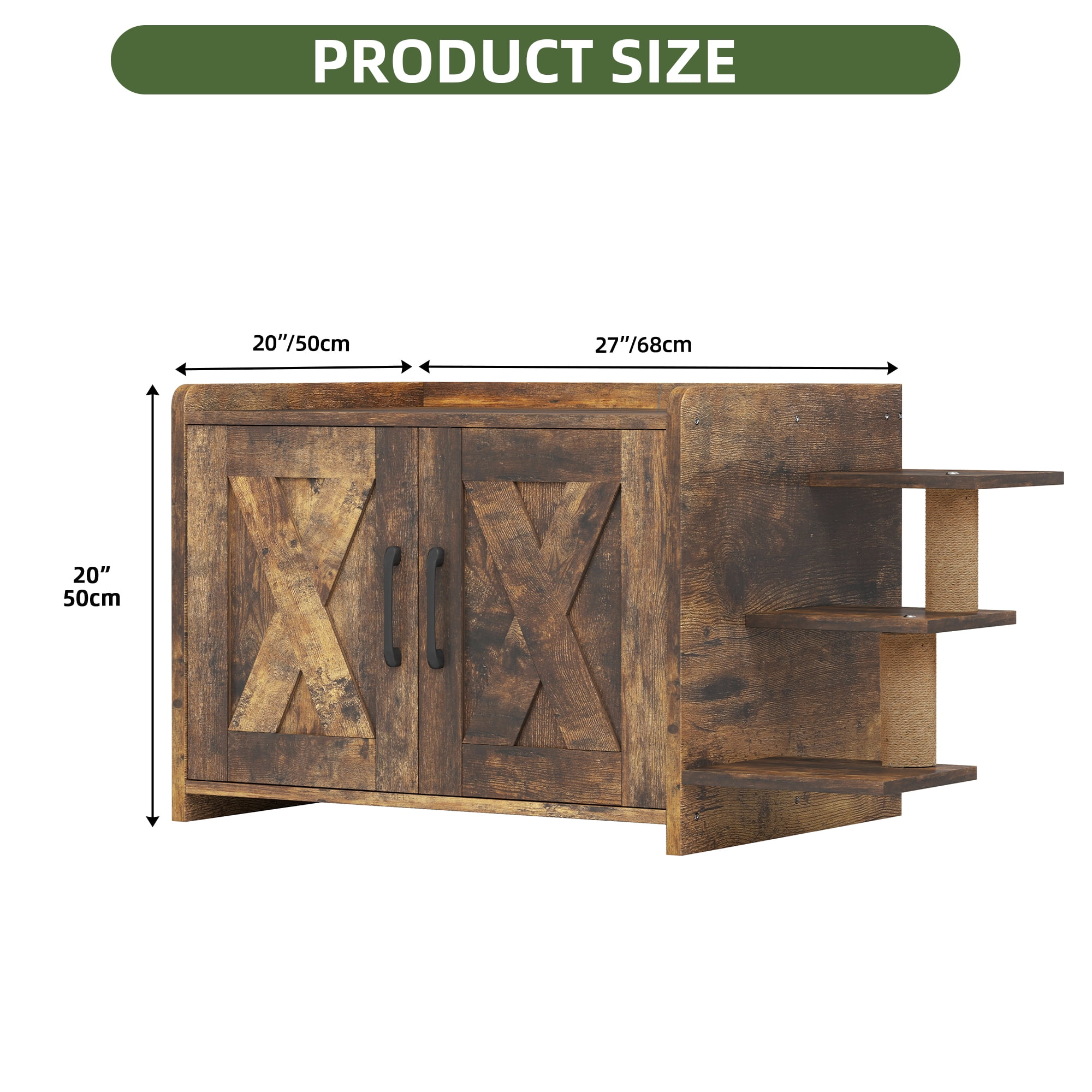 Uforic 27" Cat Litter Box Enclosure, Wooden Cat House Furniture with Scratching Posts & Plush Cushion, Rustic Brown