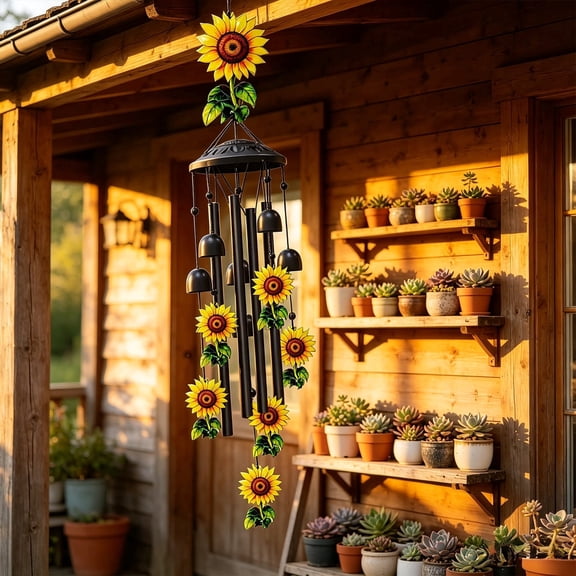 ANLTDTC 7 in Black Metal Sunflower Wind Chimes, Durable Outdoor Garden Decor, Memorial Birthday Gifts