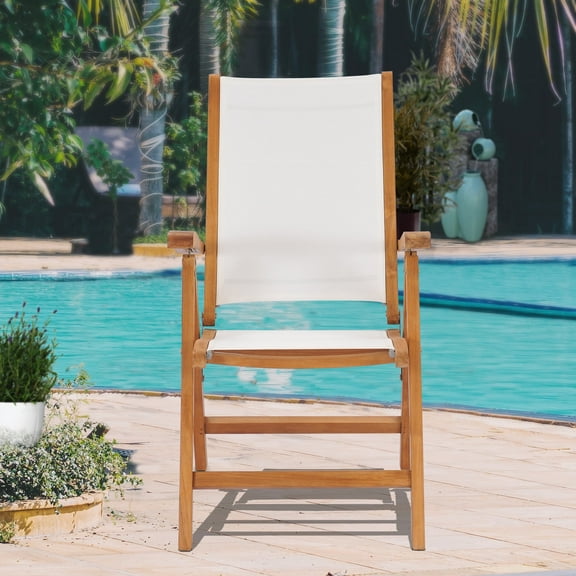 Teak Wood California Outdoor Patio Reclining/Folding Lounge Chair with White Batyline Sling