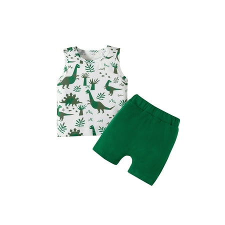 

Suanret 2Pcs Infants Baby Summer Outfits Toddlers Dinosaur Print Sleeveless Tank Tops Solid Color Shorts Set Green 6-12 Months