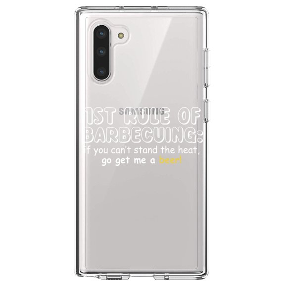 DistinctInk Clear Shockproof Hybrid Case for Samsung Galaxy Note 10 (6.3" Screen) - TPU Bumper Acrylic Back Tempered Glass Screen Protector - 1st Rule of Barbecuing - Get Me a Beer