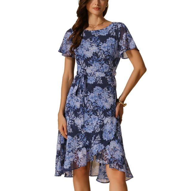 INSPIRE CHIC Vestido Midi Floral de Verano para Mujeres con Volantes y Dobladillo Alto-Bajo, de Manga Corta y Cuello Redondo, Color Azul Marino