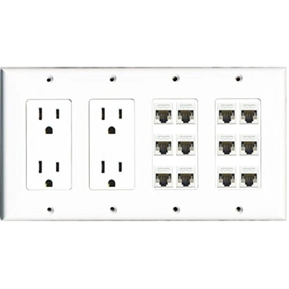 RiteAV - (4 Gang 2 15A Power Outlet 12 Cat5e White Wall Plate White