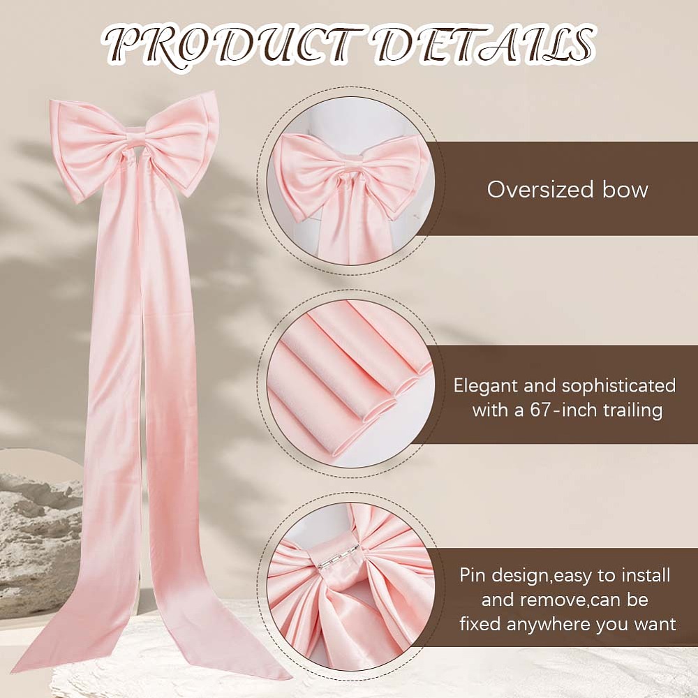 Pink Large Wedding Pew Bows with Long Tails Long Black Satin