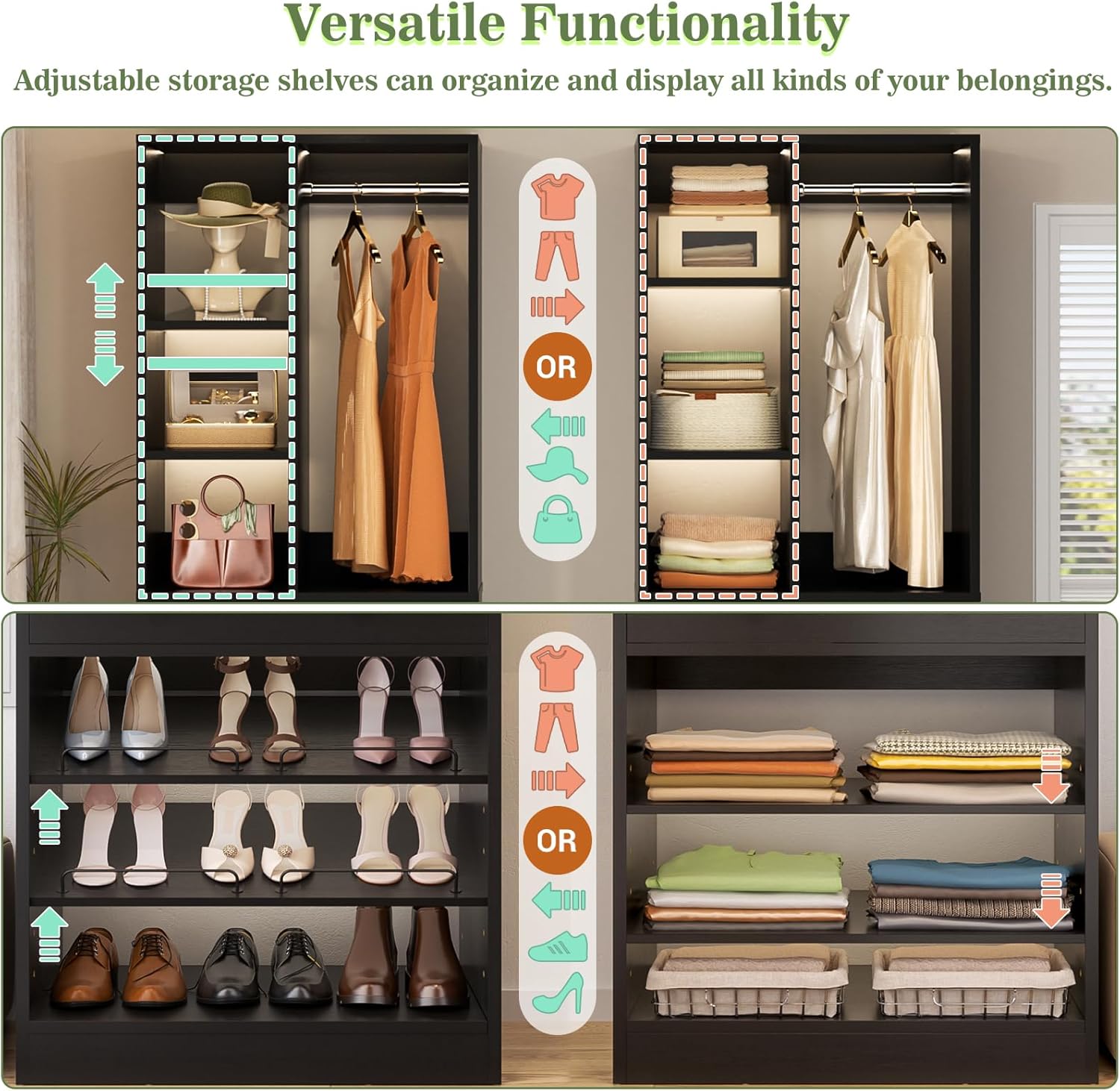 Homieasy Closet System, 2.4–8.8 FT Closet Organizer System with 2 Drawers, 5 Hanging Rods and Shoe Racks for Walk-in Closet, Bedroom, Black