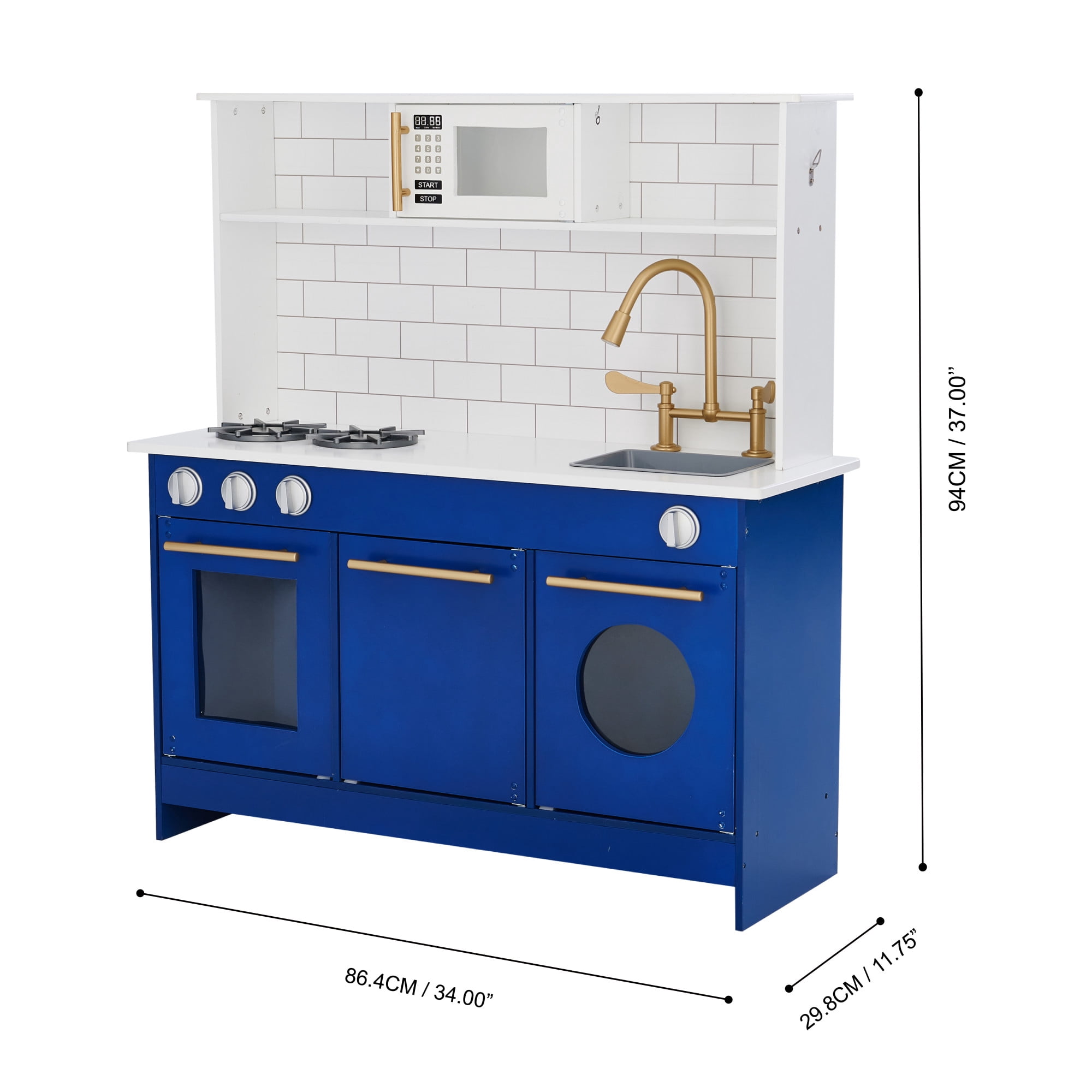 Teamson Kids Blue Wooden Kitchen Play Set with Gold Hardware, Subway Tile Backsplash and Pretend Play Cookware Accessories - Little Chef Berlin Modern