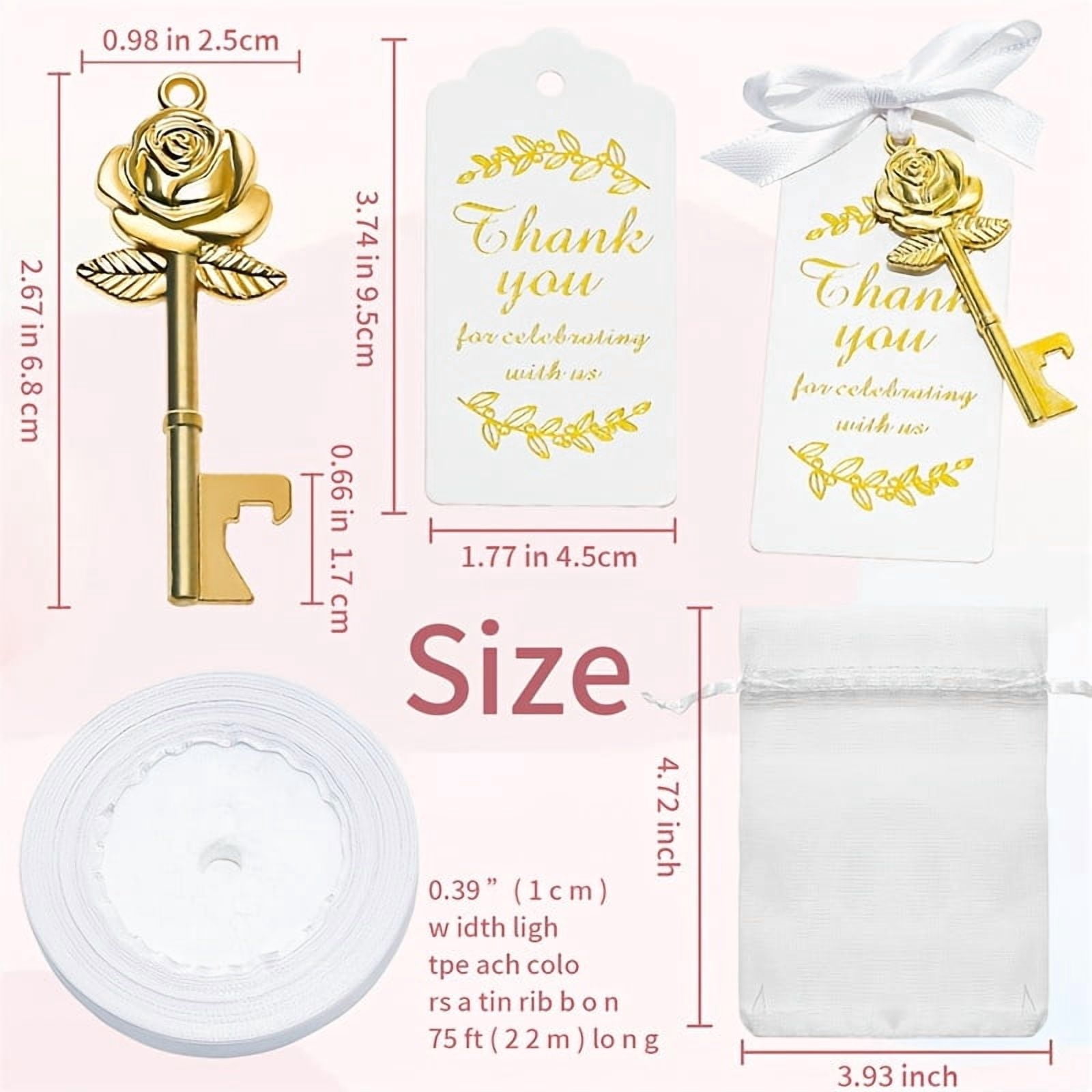 50PCS gold/silver Rose Flower Shaped Keys Wedding Favors Gift for Guest Bulk Skeleton Key Bottle Opener with Card and Chain for Rustic Party Bridal Showers Decorations