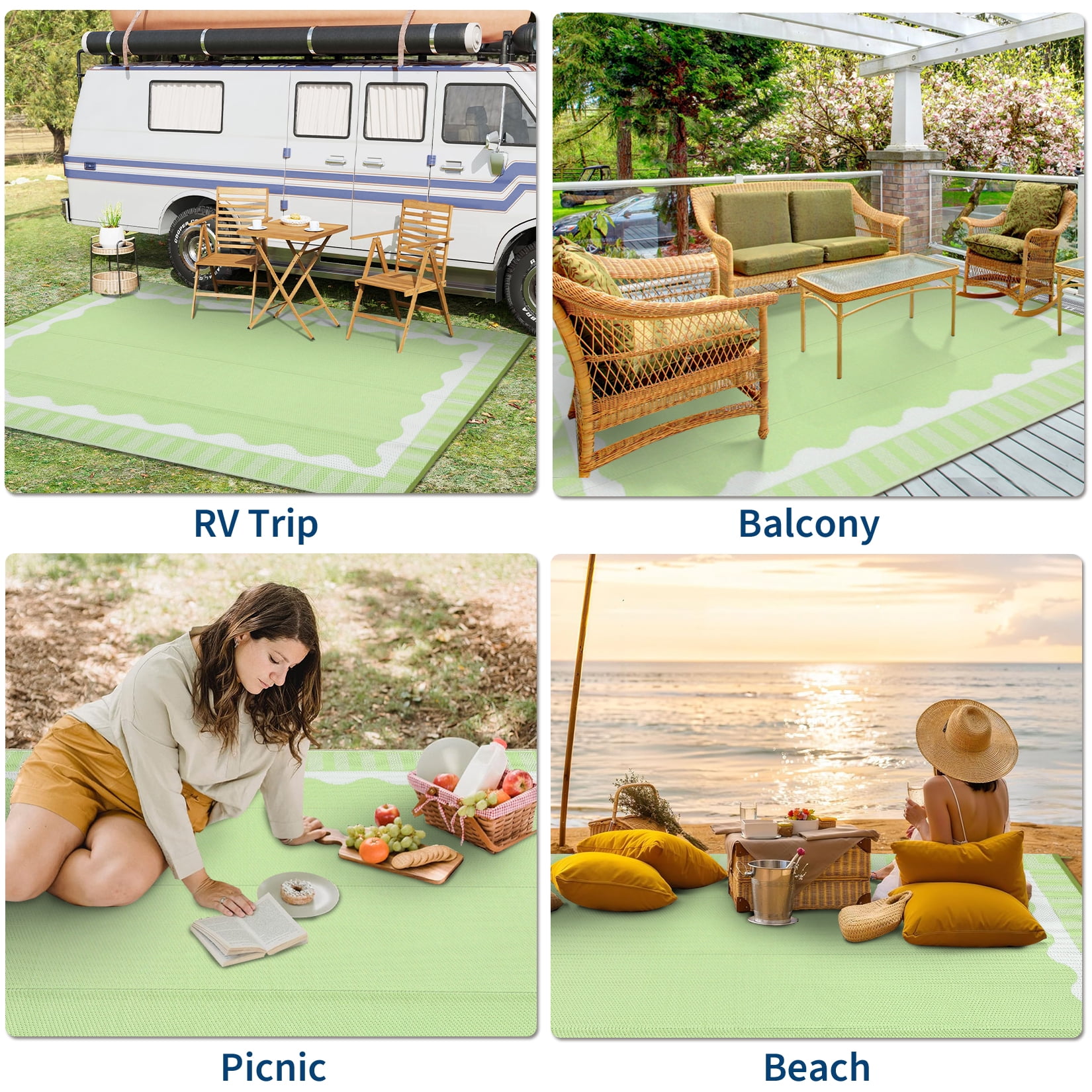 Garvee 9x12ft Outdoor Rug Modern Simple Reversible Area Rug, Plastic Straw Rug Waterproof Outdoor Carpet with Bordered Design for Patio Backyard Camping Beach RV Porch, Light Green