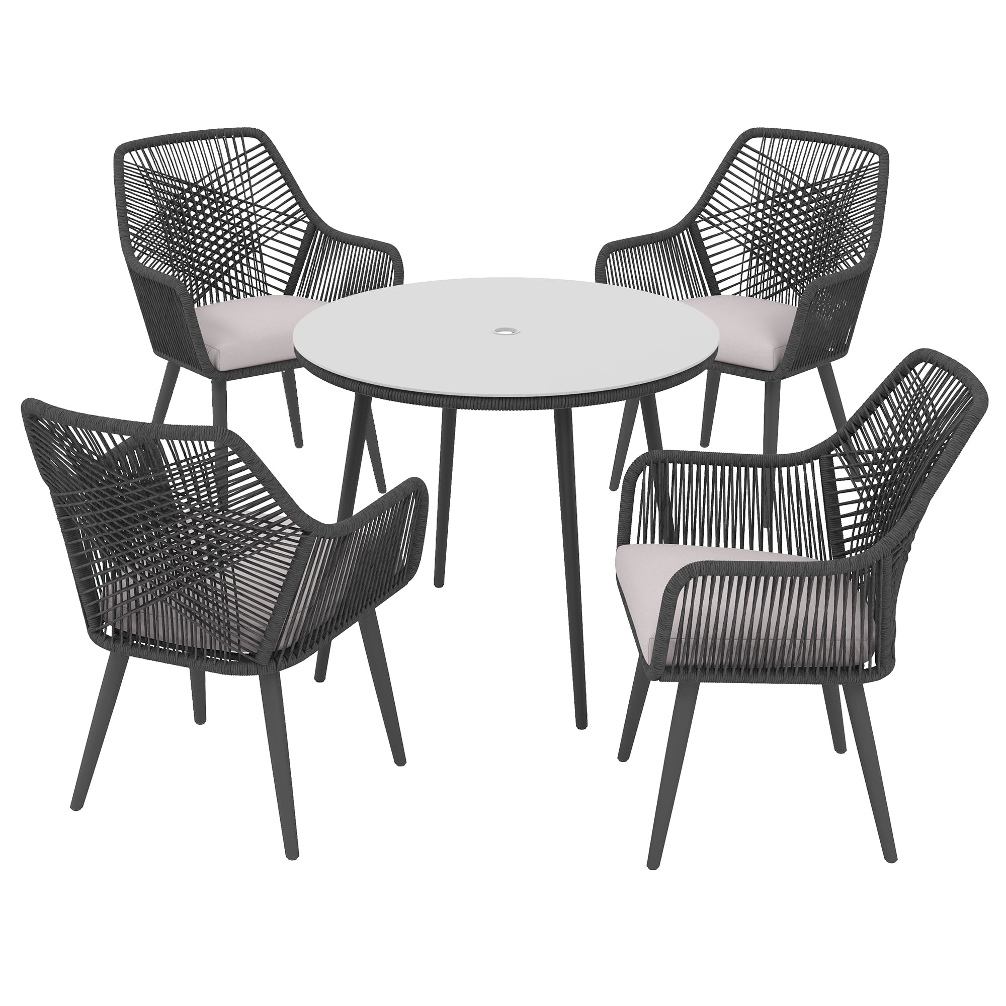 JOIVI 5-Piece Outdoor Patio Dining Set with Rattan Dining Chairs for 4-Person & Tempered Glass Table, 2.16” Umbrella Hole, Black