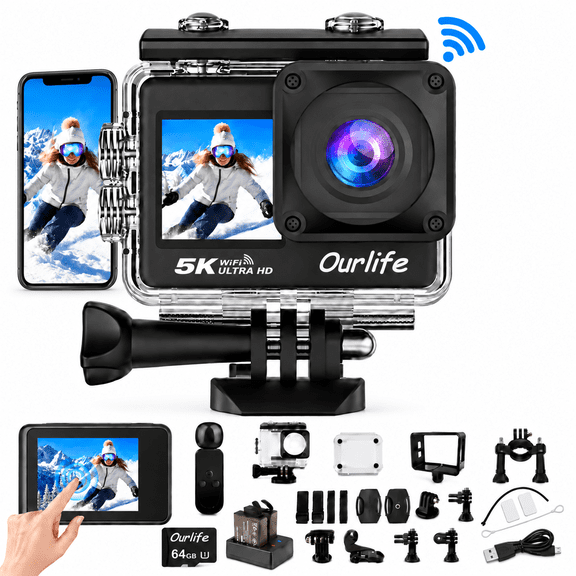 Ourlife 5K Action Camera, 50MP Dual Screen, 2.0" Touchscreen, 100FT Waterproof, EIS, WiFi, Remote, 64GB Card, 2 Batteries