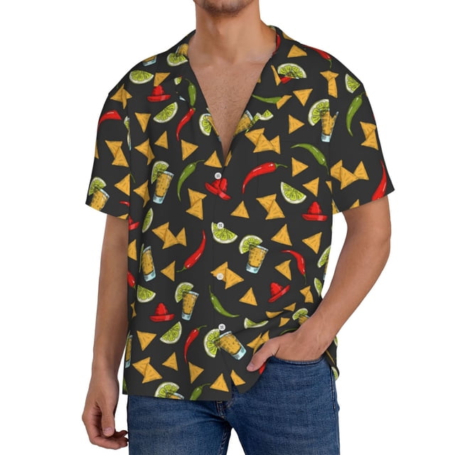 Balery Mexican Food Beer Camisa Casual de Manga Corta con Botones para Hombre, Texturizada, Estilo Cubano, para Playa, Verano-Medium