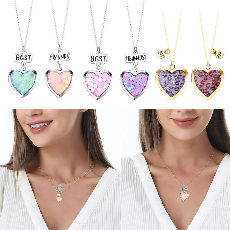 Friendship Necklace Side by Side Long Distance Boho Style Bronze Jewelry  for Women Chain 24 - Handmade Glass BFF Friends Pendant, Double Heart  Charm