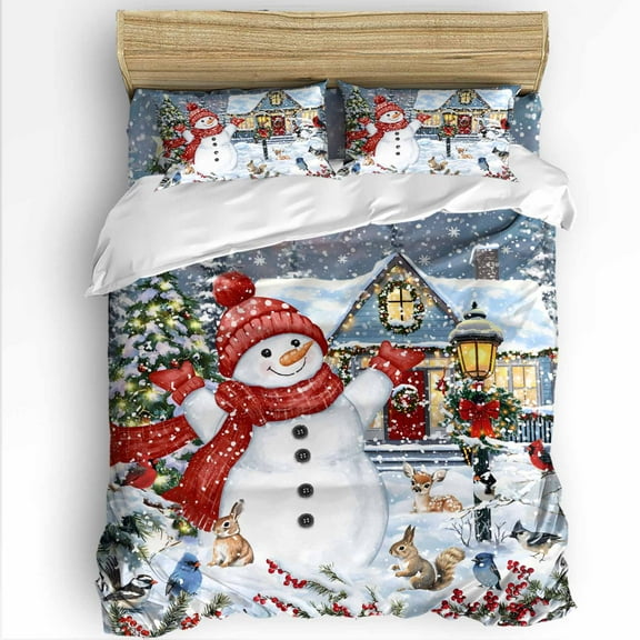 Christmas Snowman Twin Size Comforter Set, Farmhouse Xmas Snowflake Tree Soft Bedding for All Seasons, 4 Pcs Bed Set with 1 Comforter (68"x86") ,1Sheet(66"x116"), 2 Pillowcases (19"x29")