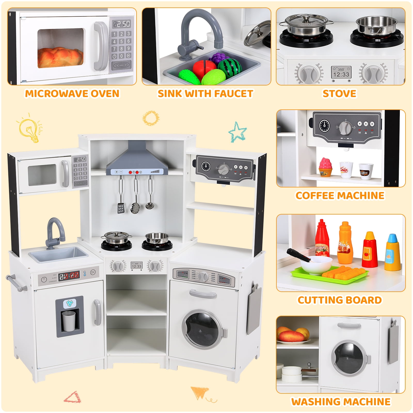LAZY BUDDY Wooden Corner Play Kitchen for Kids with Light & Sound, Toddler Kitchen Playset Interactive Cooking Toy with Ice Maker, Towel Rack