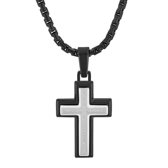 Mens 1/10 ctw Diamond Black Stainless Steel Cross Pendant Necklace