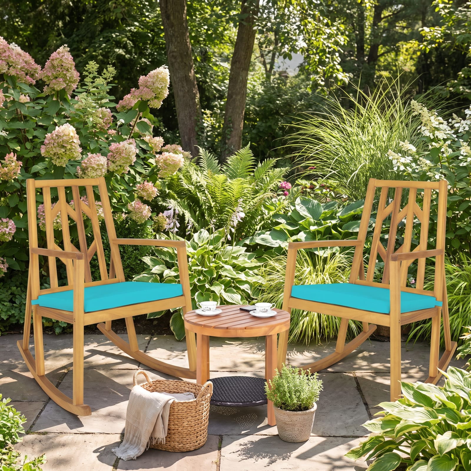 Furnibear Turquoise Outdoor Rocking Chair Acacia Wood for Porch Deck Balcony Holds 350 lbs Weather-Resistant Outdoor Furniture