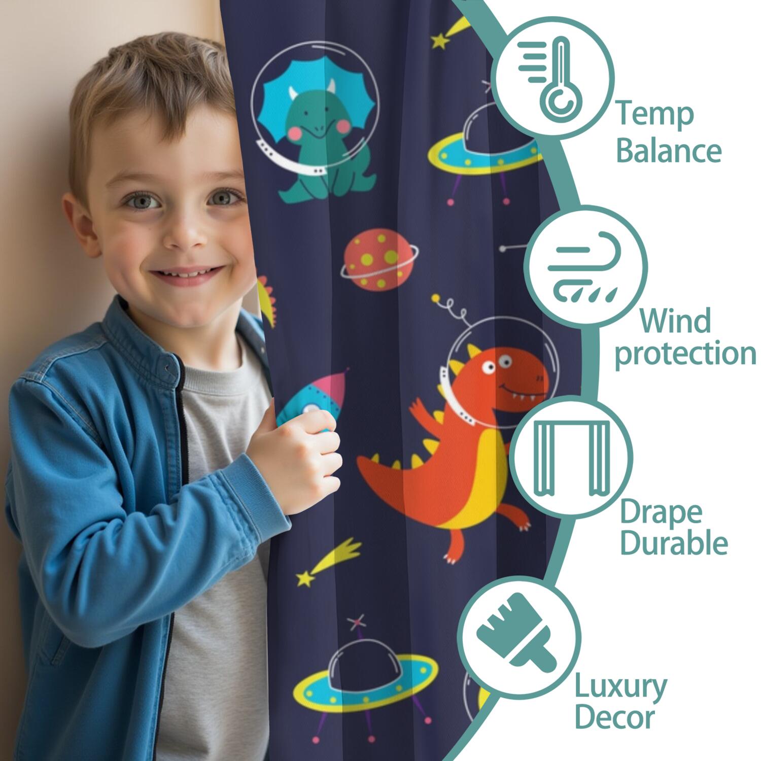Funny Window Curtains for Kids Room - 42Wx63H Inch 2 Panels, Rod Pocket Colorful Cartoon Dinosaur Patterns for Boys Bedroom Decor Preschool Classroom Curtains Playroom Living Room Window Drapes