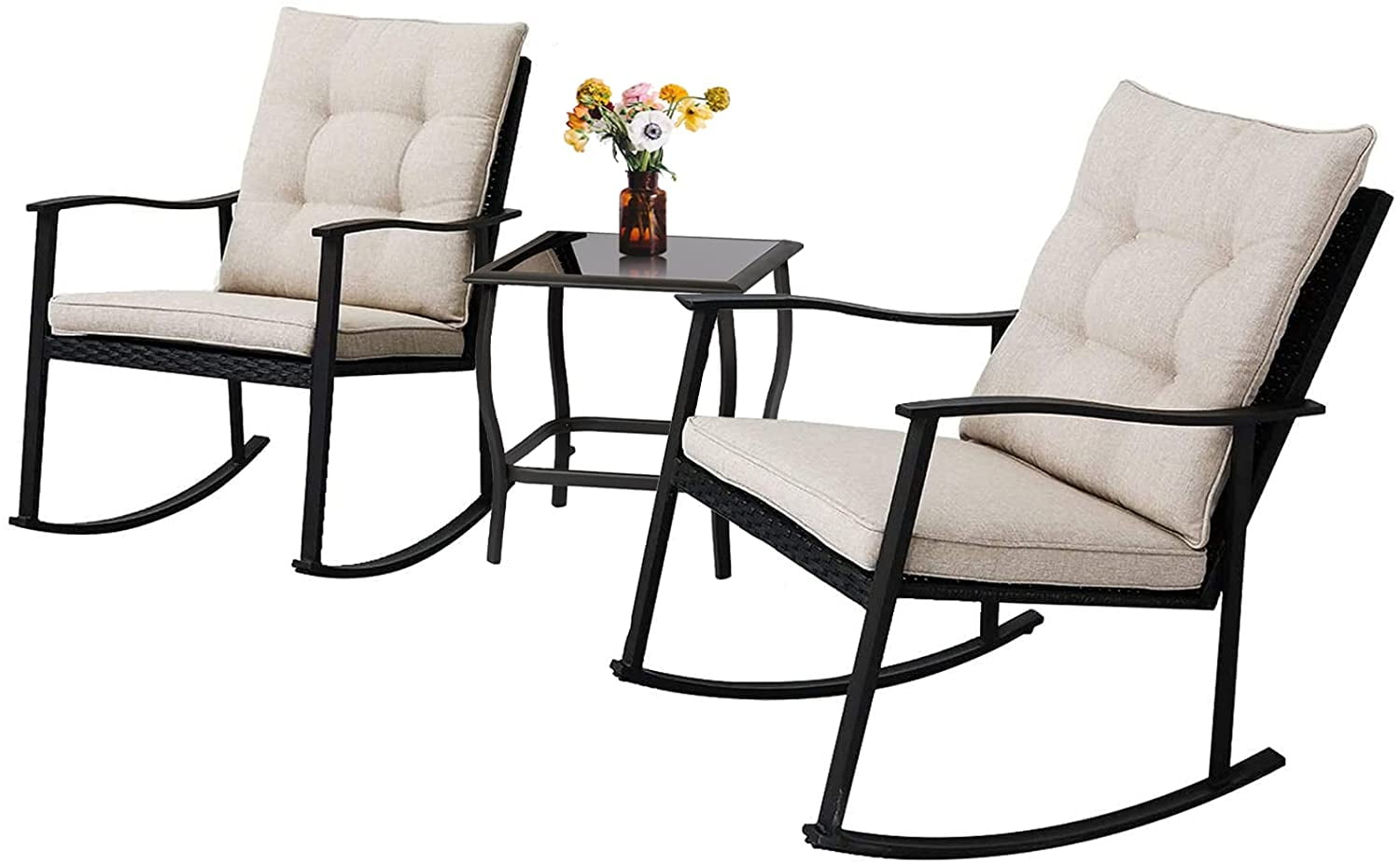 2 Swivel Rocker Patio Chairs with 4 Beige Cushions and 1 Glass Side Table,All-Weather Bistro Set for Patio 3 Pieces Patio Furniture Outdoor Wicker Rocking Chairs Set Balcony Backyard Brown