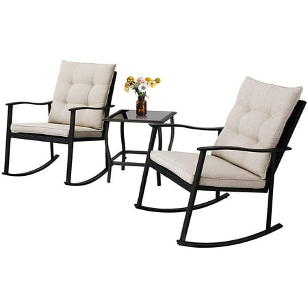 SOLAURA Outdoor Furniture 3-Piece Rocking Chair Patio Bistro Set Black Wicker Patio with Beige Cushion Two Patio Chairs with Glass Coffee Table