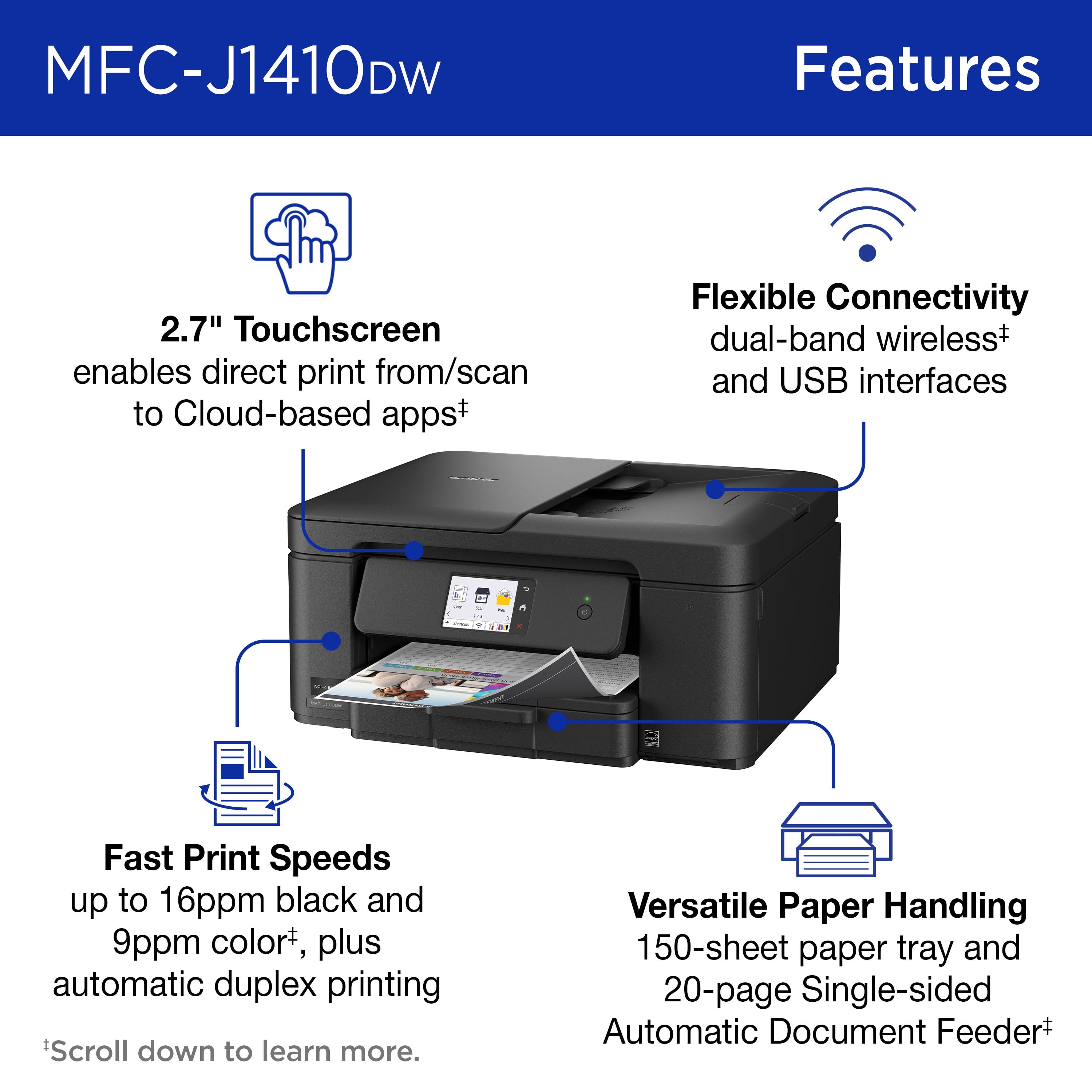 Brother Work Smart 1410 MFC-J1410DW Wireless Color Inkjet All-in-One Printer with 2.7” Color Touchscreen and Automatic Duplex Printing