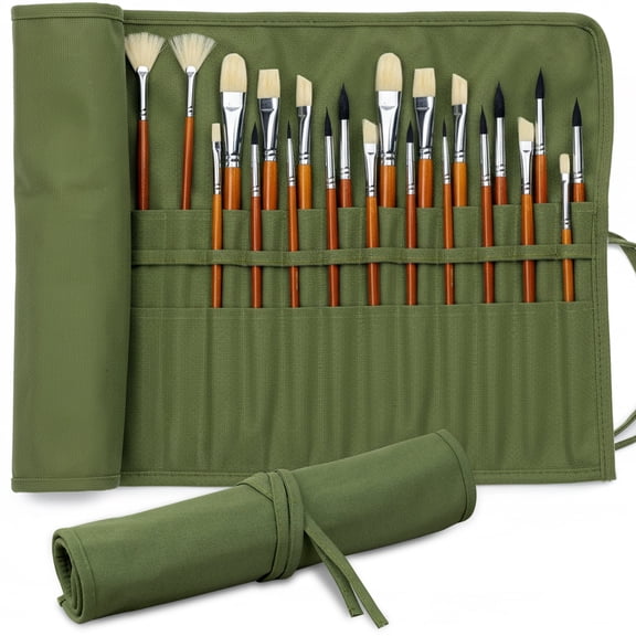 30-Slot Roll-Up Paint Brush Holder, Premium Canvas Brush Organizer for Artists, Washable Travel Brush Case for Watercolor, Acrylic, Pens & Art Supplies (Army Green) - Brushes not Included
