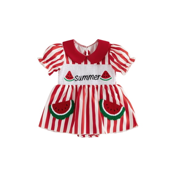 Cenuakty Baby Girl Summer Romper Dress Cute Watermelon Embroidery Short Bubble Sleeve Dot Print Jumpsuit