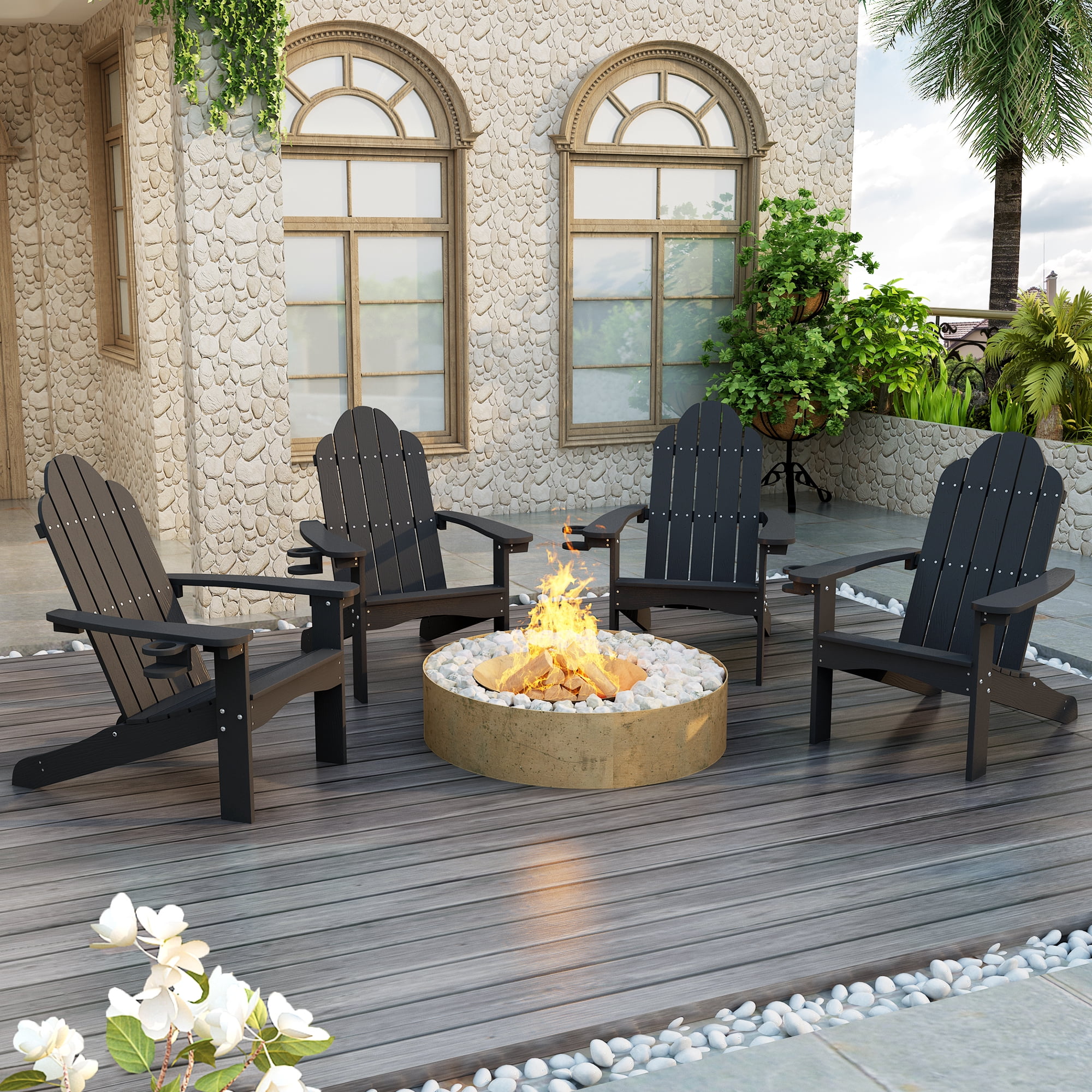 Dycanpo Adirondack Chairs with Cup Holder, 300lbs Weather Resistant, Black