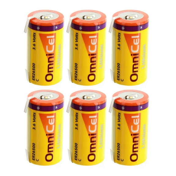 6x OmniCel ER26500 3.6V 8.5Ah Sz C Lithium Battery Tabs Sensors Detectors