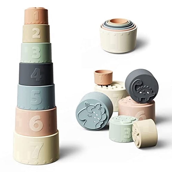 Moonkie Silicone Stacking Cups Toy, 7 Piece BPA Free Baby Nesting Cups for Bath and Teething, Ages 6 Months and Up