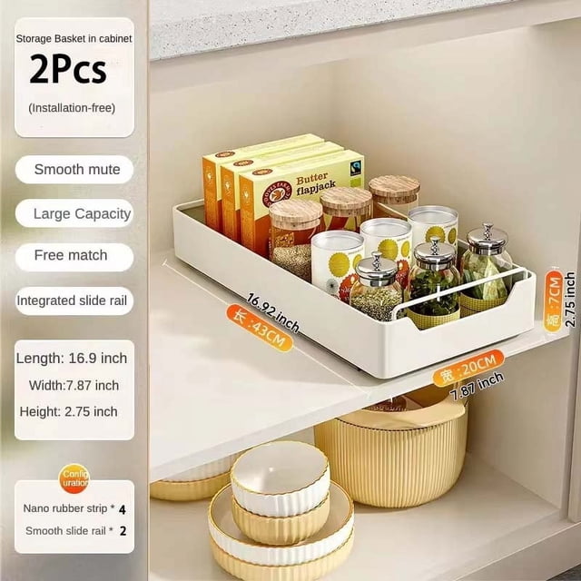 Nuevo estante de almacenamiento de cocina con rieles deslizantes, tipo cajonera extraíble, bandeja de almacenamiento, caja de especias, estante de almacenamiento, organizador de armarios