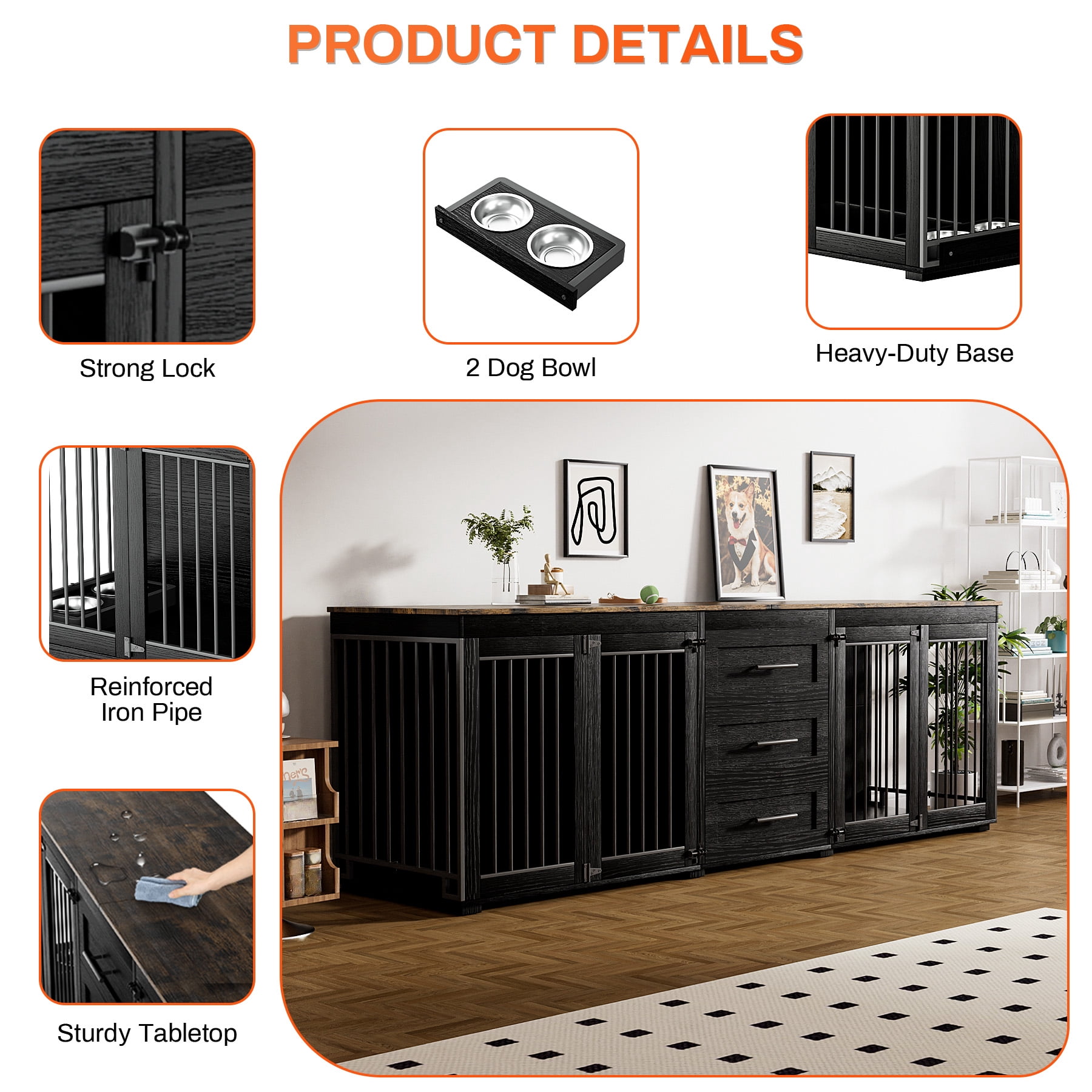 Rophefx 95.4" Dog Crate Furniture for 2 Dogs,Large Kennel with 3 Drawers and 4 Bowls,Wooden Heavy Duty Indoor Dog House,Black Brown
