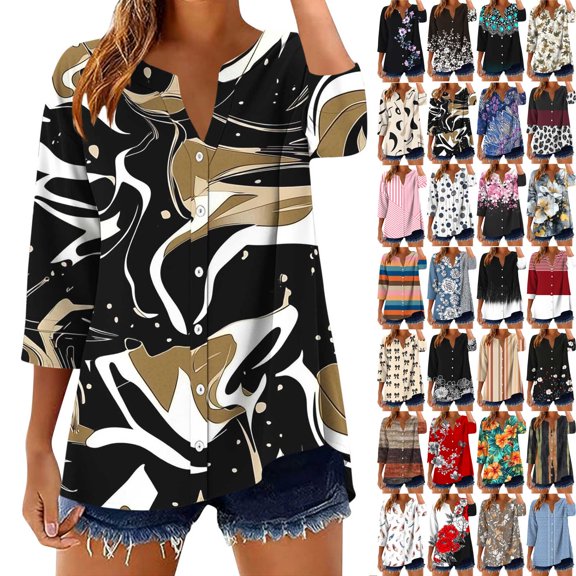 Danhjin Print Button Down Shirts for Women 3/4 Sleeve Loose Fashion Shirts Casual Going out Fall Summer Spring Tops
