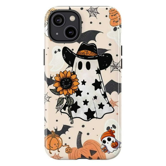 Western Halloween iPhone Case for iPhone 16 15 14 13 12 11, Cute Cowboy Ghost with Sunflower, Pumpkins & Bats, Fall Spooky Protective Cover