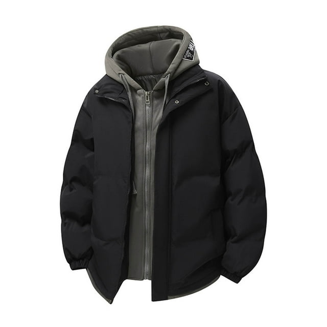 hoksml Men's Casual Two-in-One Hooded Puffer Jacket Thick Loose Fit Winter Coat with Drawstring and Pockets for Windproof Protection