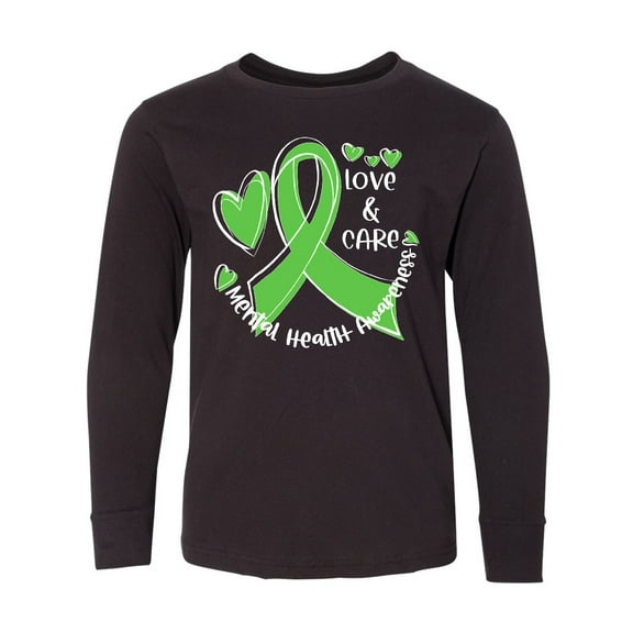 Inktastic Love and Care Mental Health Awareness Green Ribbon Long Sleeve Youth T-Shirt