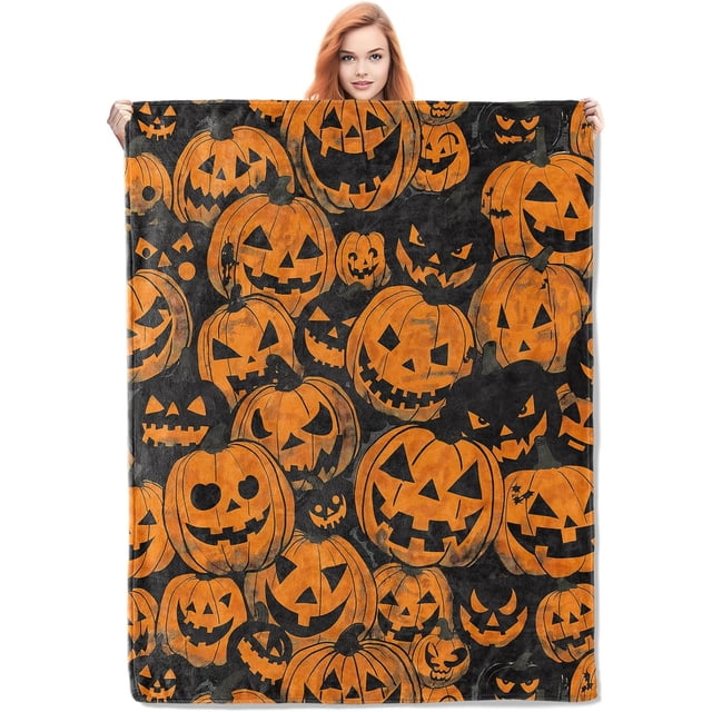 Spooky Pumpkin Patch Fleece Blanket, Halloween Themed Throw Perfect for Fall Decor - Black and Orange