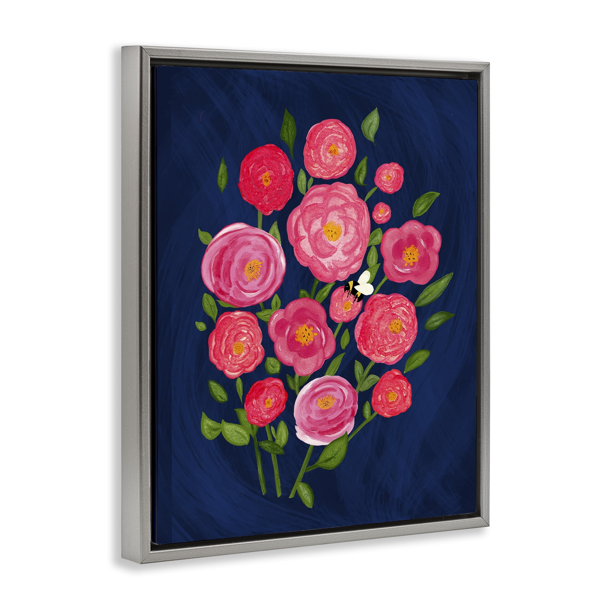 Stupell Industries Pink Poses Bunches Plants & Flowers Painting Gray Floater Framed Canvas Art Print Wall Art, 17 x 21