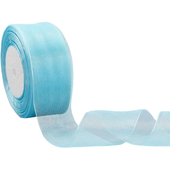 1 Rolls 50 Yards 2 Inch Blue Organza Ribbon Sheer Silk Chiffon Trim Shimmer Transparent Tulle Thin with Spool Fabric Ribbons for DIY Sewing Making Bouquets Garland Decor DIY Craft Supply